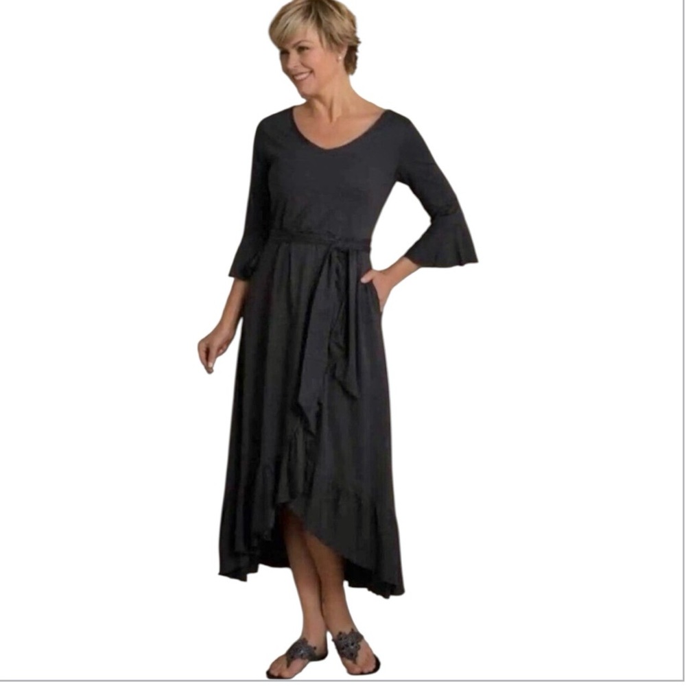 Soft Surroundings V Neck Black Ruffle Accent Tie Waist Dress Women’s Size XL